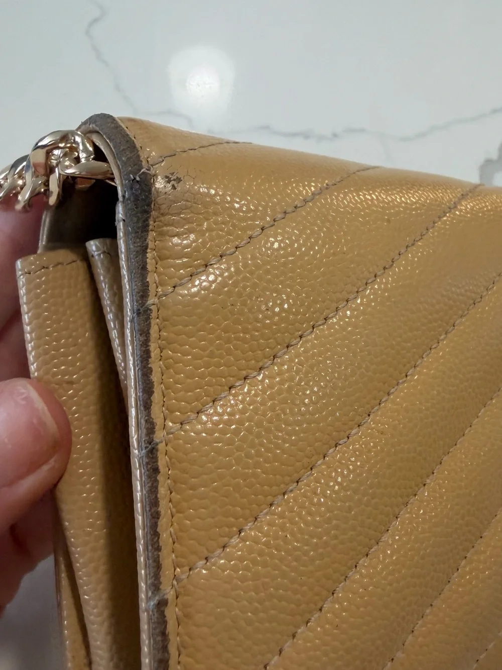 Authentic Saint Laurent YSL WOC wallet on chain Bag Cream and Gold